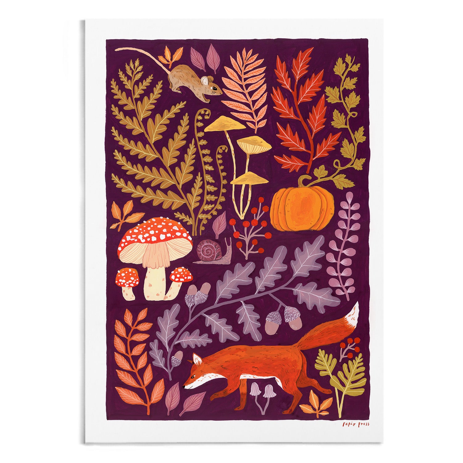 The Autumnal Fox Artists Print by Papio Press features a whimsical woodland scene with a fox, mouse, snail, autumn leaves, mushrooms, acorns, and a pumpkin on a dark purple background—printed in archival quality.