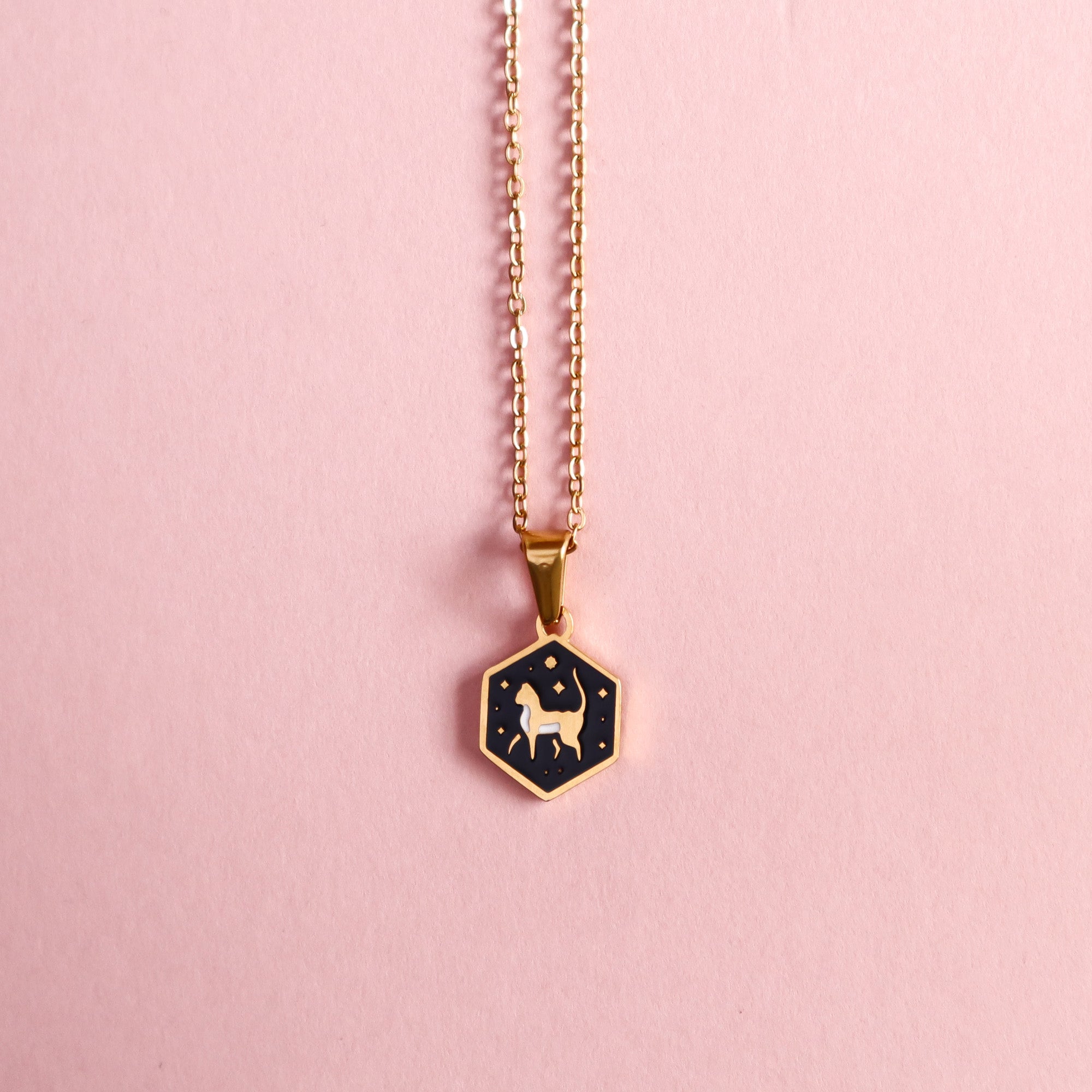 The Papio Press Mini Hexagon Cat Pendant is a gold enamel stainless steel necklace with a black hexagonal charm featuring a cat design, shown on a pink background.