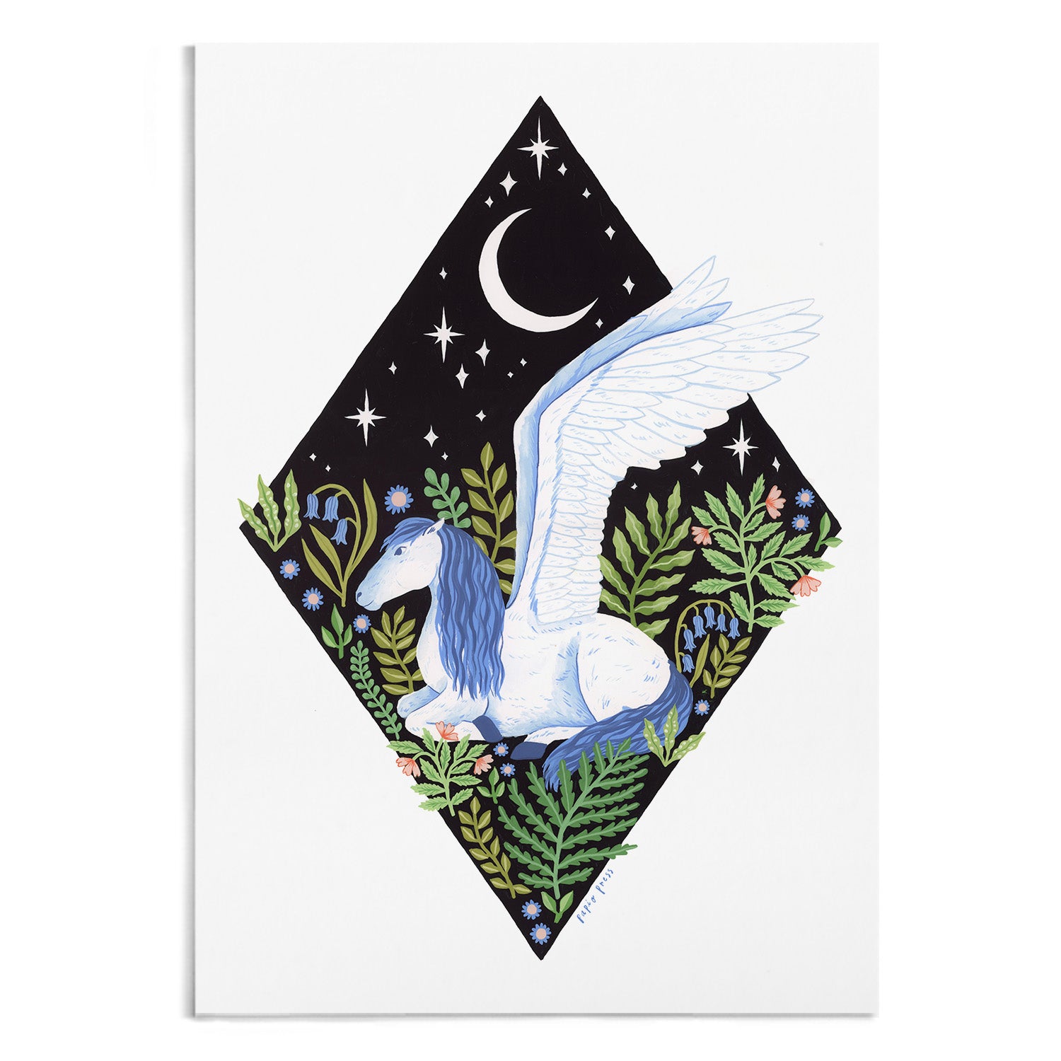 The Pegasus Diamond Artists Print by Papio Press features a white, blue-maned winged horse amid green plants, set against a crescent moon and stars on a black diamond background. Archival quality print on 100% cotton paper.