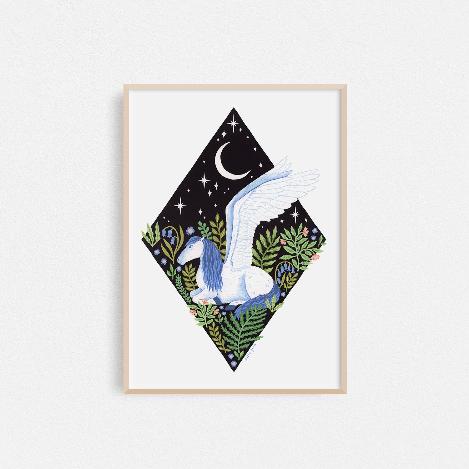 The Pegasus Diamond Artists Print by Papio Press features a white winged horse with a blue mane resting among green plants, beneath a crescent moon and stars, printed on 100% cotton paper.