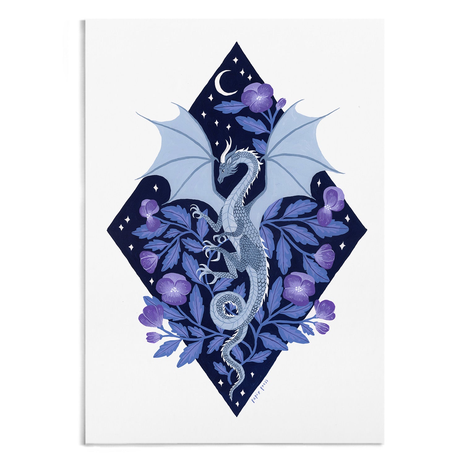 The Dragon Diamond Artists Print by Papio Press features a blue dragon with outstretched wings amid purple flowers and leaves, set on a dark diamond background with stars and a crescent moon, printed on luxurious cotton paper.
