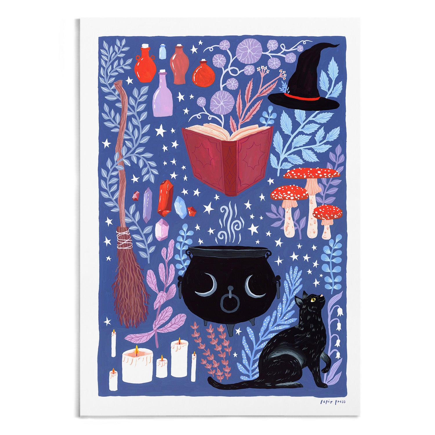 The Sorcerers Spell Kit Artists Print by Papio Press features a vibrant witch’s hat, spellbook, cat, broom, cauldron, potions, mushrooms, candles, crystals & foliage on a starry background. Archival quality on 100% cotton paper.