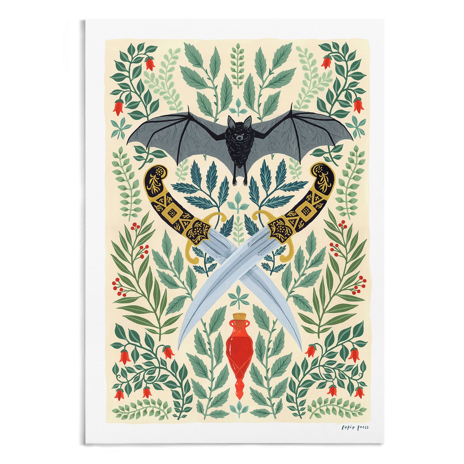 Discover the Weapons & Wings Artists Print by Papio Press—an archival-quality illustration featuring a bat with outstretched wings above ornate crossed daggers, surrounded by green leaves, red flowers, berries, and a central red vase. Printed on premium cotton paper.
