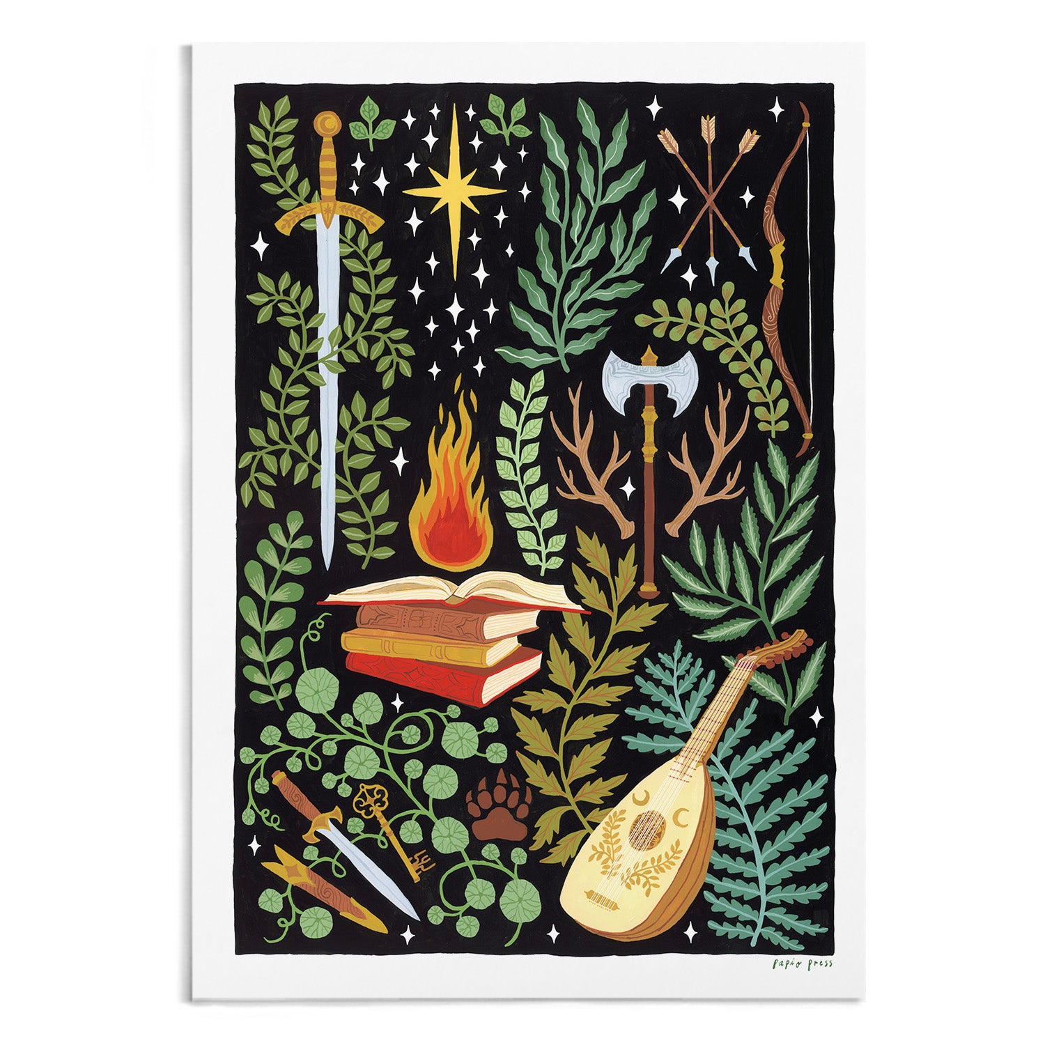 The Armoury Artists Print by Papio Press features vibrant medieval-themed objects on a black starry background, printed as an archival quality print on 100% cotton paper for lasting color and detail.