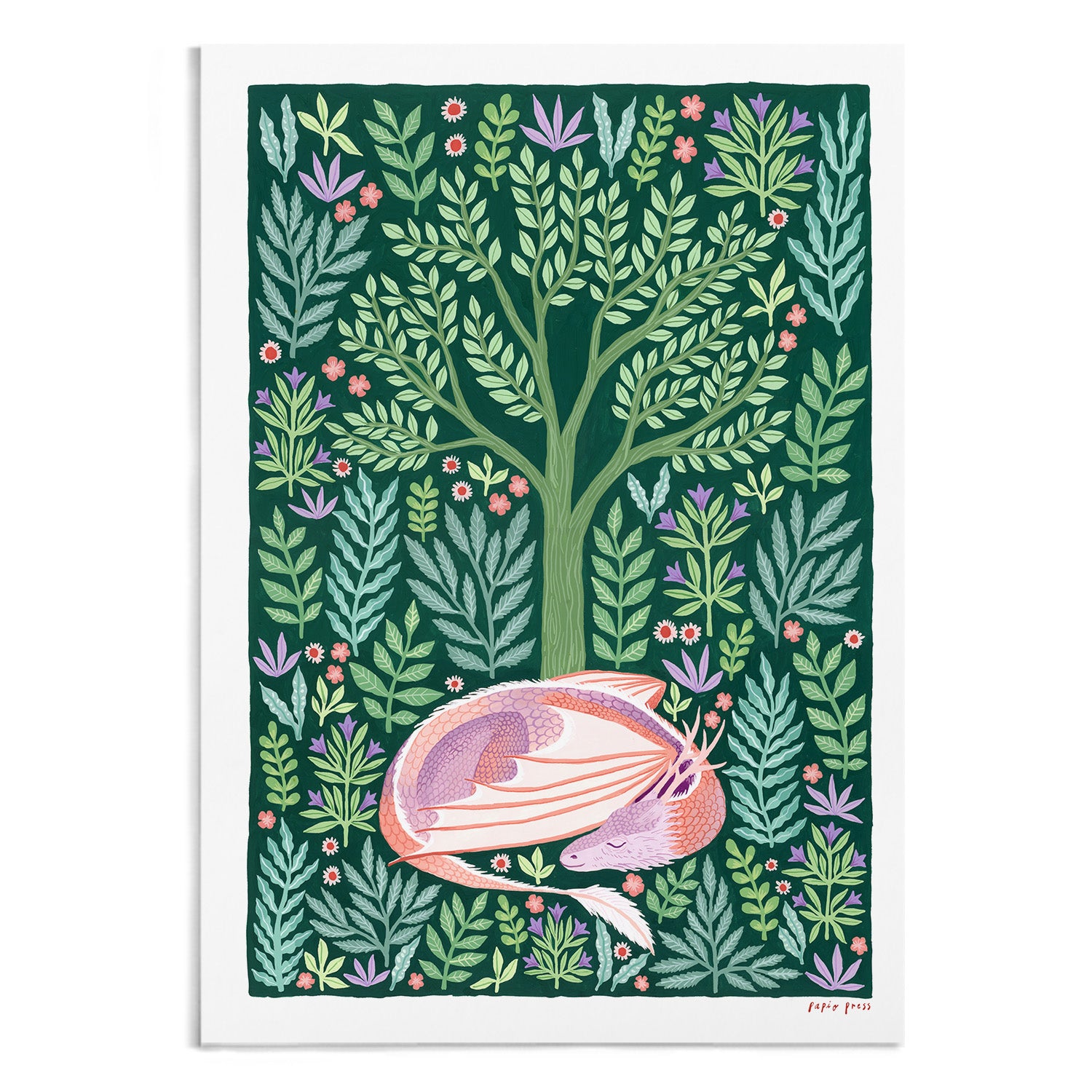 The Sleeping Dragon Artists Print by Papio Press features a curled pink and orange fox sleeping under a leafy tree with vibrant flowers on a dark green background, printed as an archival quality artwork on cotton paper.