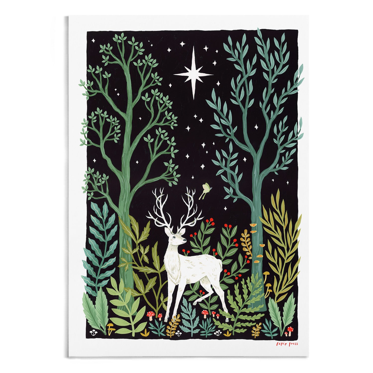 The White Hart Artists Print by Papio Press features a whimsical white deer with antlers among lush greenery under a starry sky and bright star, printed as an archival-quality inkjet on 100% cotton paper for lasting beauty.