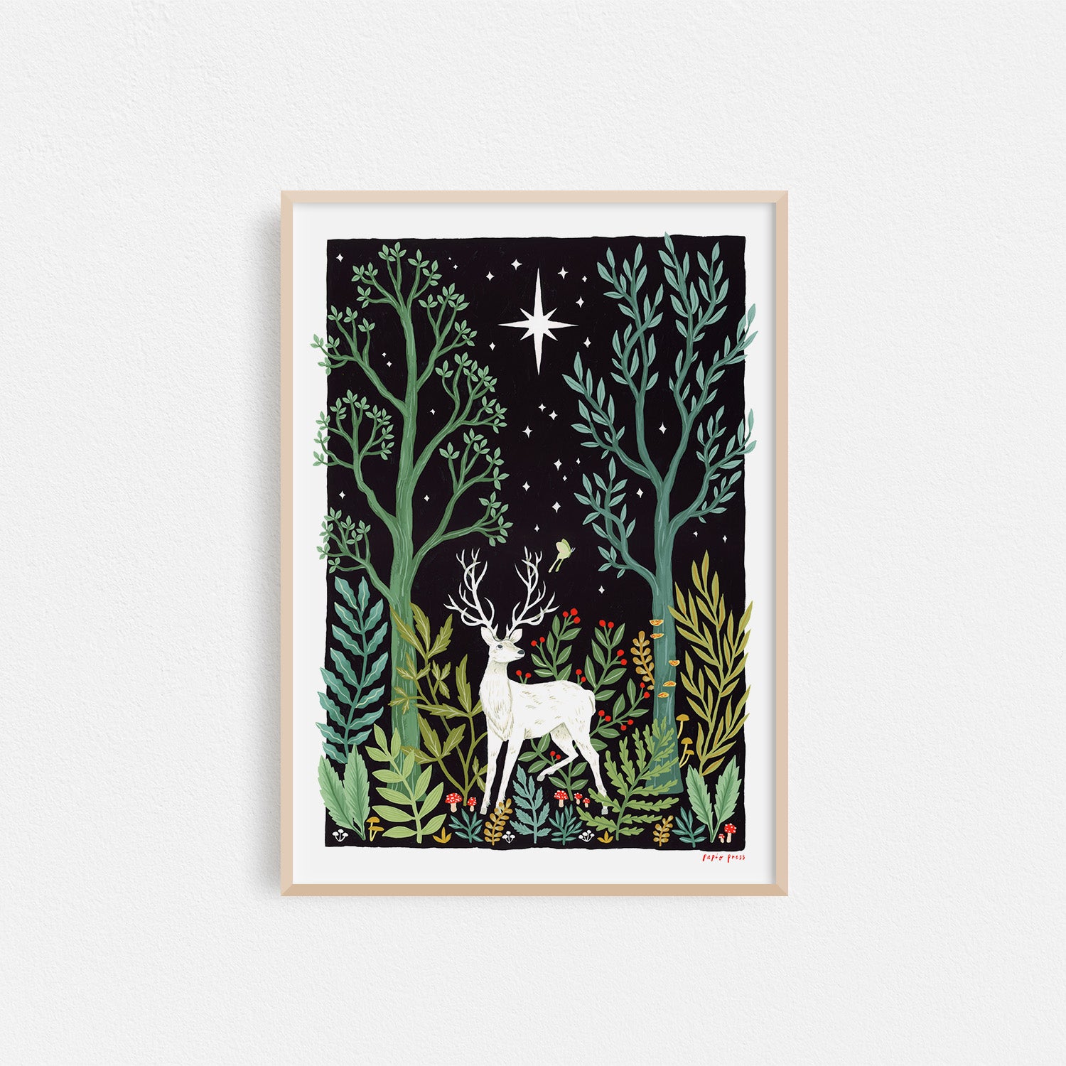 The White Hart Artists Print by Papio Press features a whimsical white deer among colorful plants and tall trees under a starry night sky, printed as an archival quality inkjet artwork.