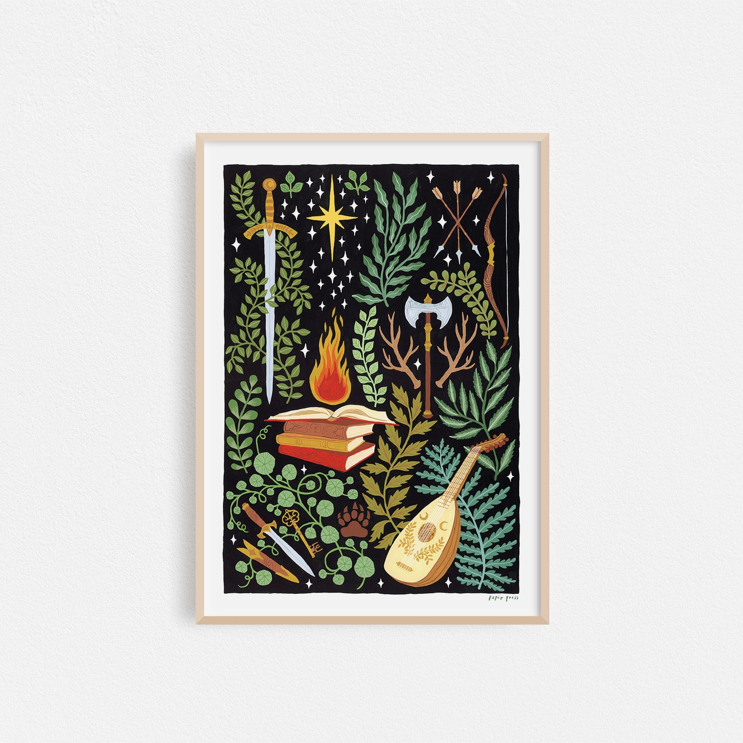 The Armoury Artists Print by Papio Press features illustrated swords, books, a lute, fire, leaves, herbs, mushrooms, and stars on black. This archival-quality print on 100% cotton paper evokes a magical fantasy adventure theme.