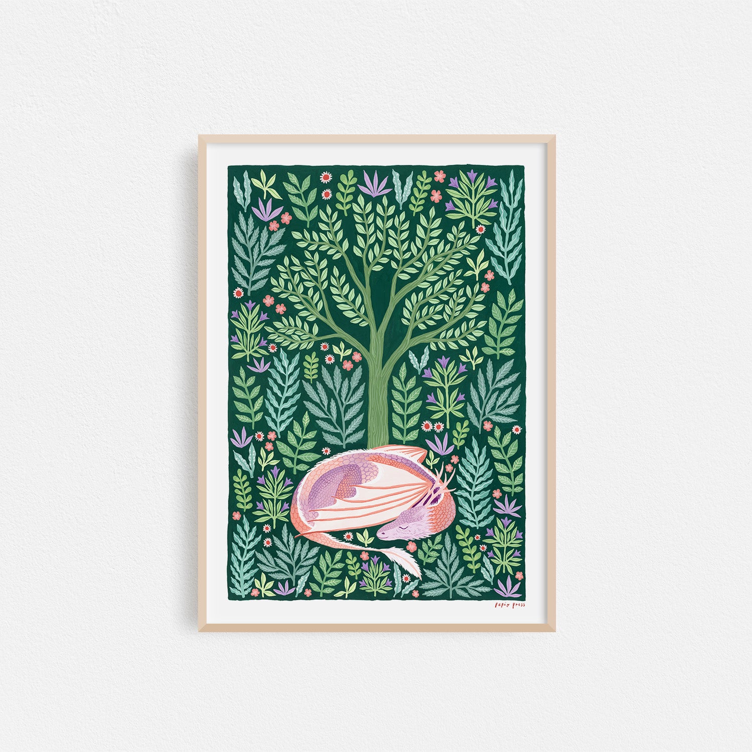 The Papio Press Sleeping Dragon Artists Print features a whimsical, nature-inspired scene of a dragon curled up asleep beneath a tree, surrounded by flowers and lush foliage. This archival inkjet print is on high-quality cotton paper.