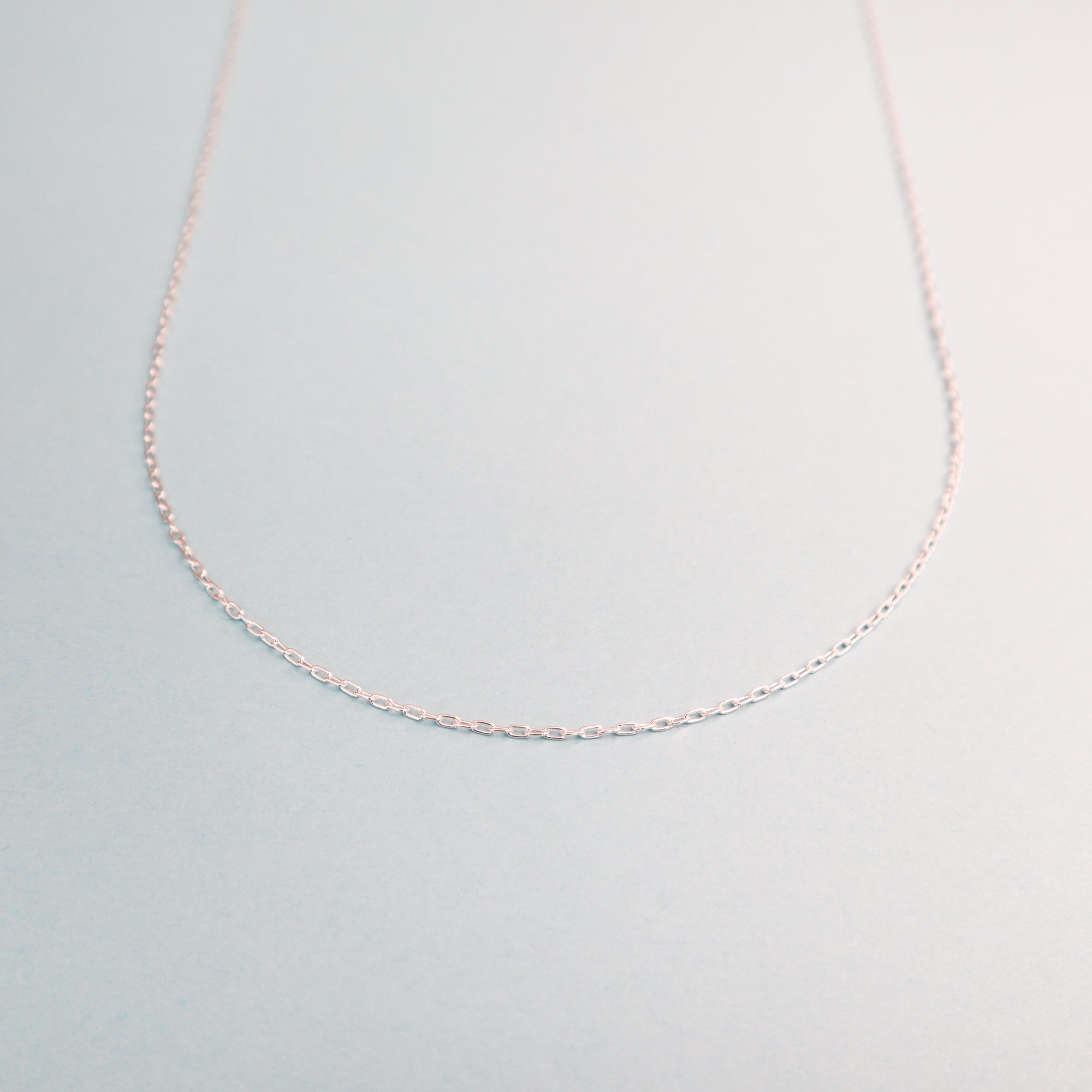 The Silver Warrior Pendant by Papio Press features a minimalist, elegant sterling silver chain with small oval links, arranged in a gentle curve on a light pastel background.