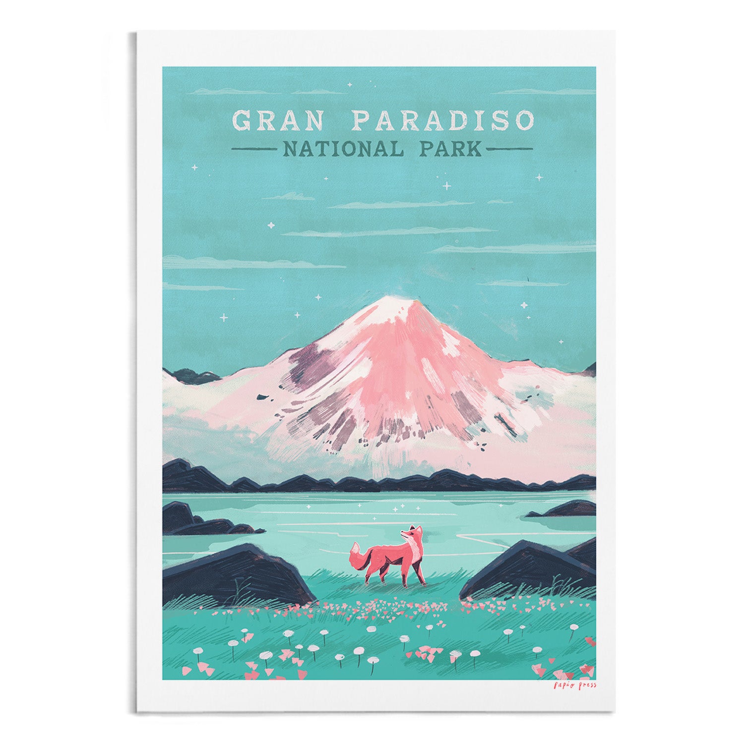 The Gran Paradiso National Park Artists Print by Papio Press features a pink and white snow-capped mountain, turquoise sky, a fox among flowers, and rocks—printed on archival satin paper with inkjet for vibrant and lasting quality.