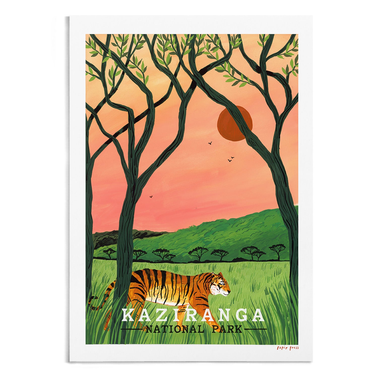 Kaziranga National Park Artists Print by Papio Press features a tiger in tall grass, trees, sunset sky, birds, and green hills. Printed as an inkjet print on archival satin paper.