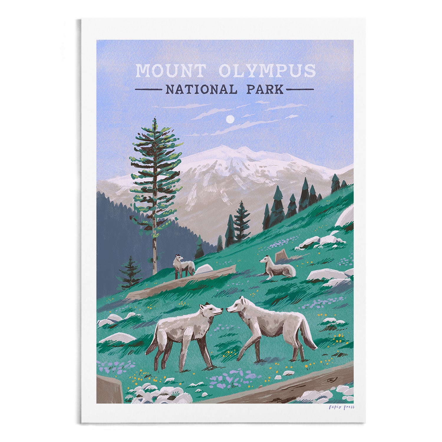 The Mount Olympus National Park Artists Print by Papio Press features a mountainous landscape with pine trees, wildflowers, and four wolves on a grassy hillside under a moonlit sky. Inkjet printed on archival paper.