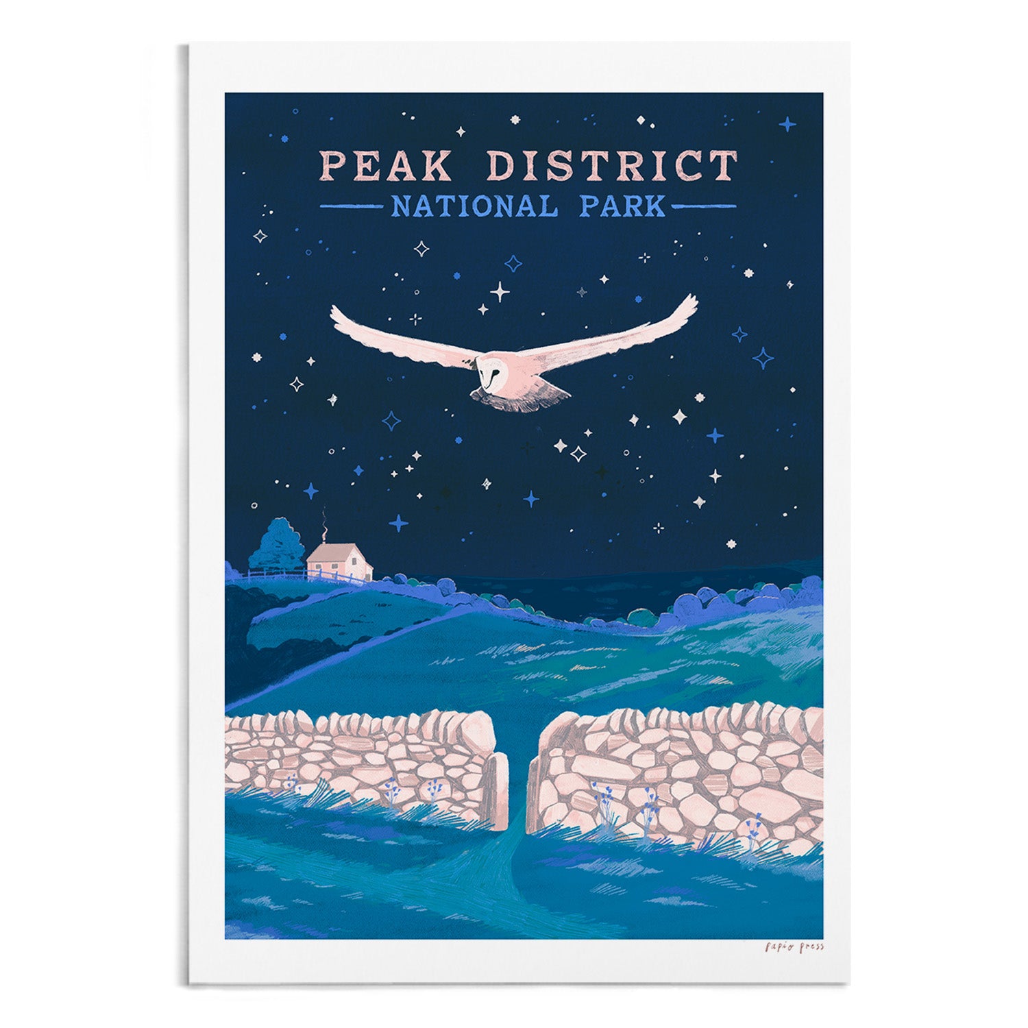 Papio Press Peak District National Park Artists Print: an original illustration of a barn owl flying above stone walls and hills under a starry sky, with a house and trees, printed on archival satin paper.