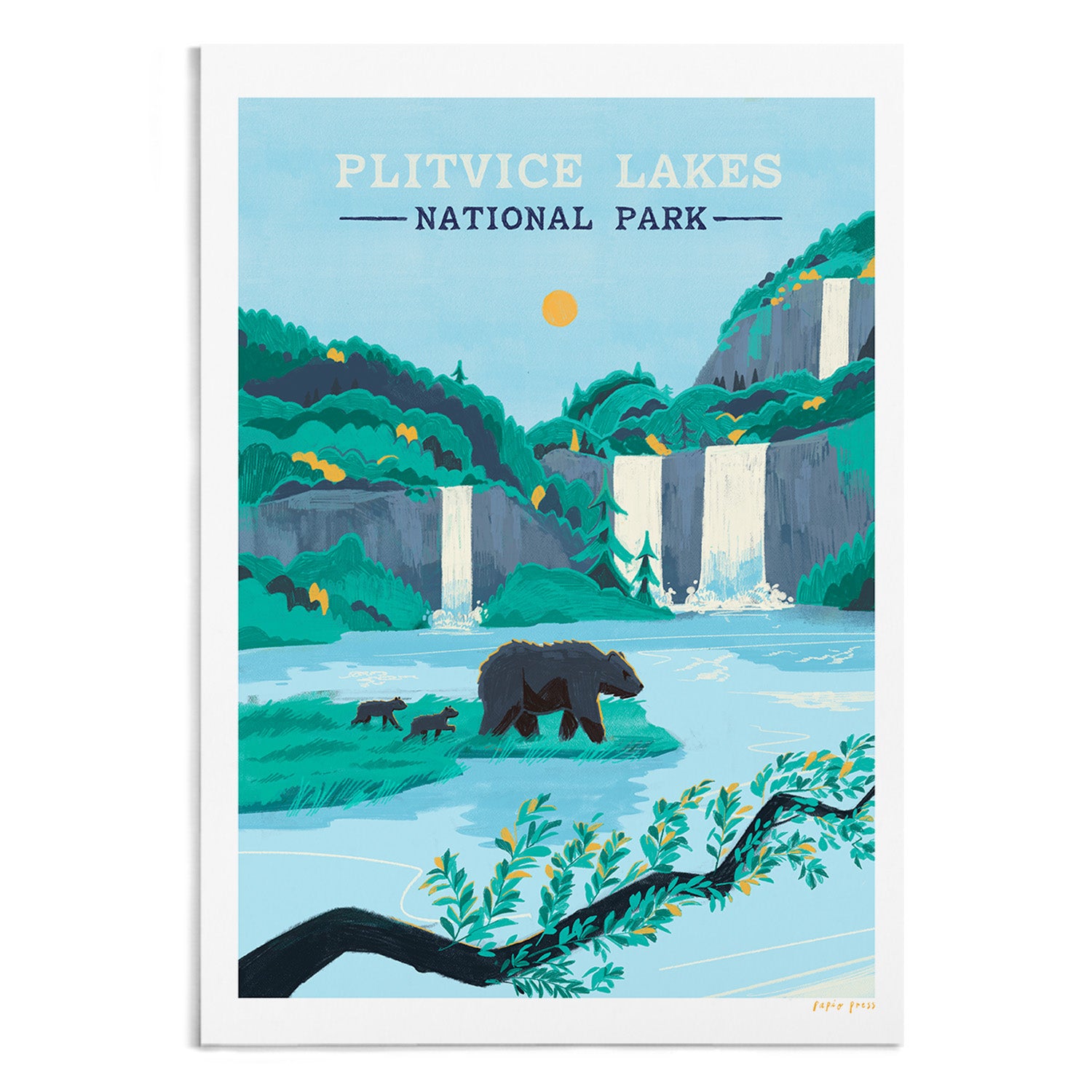 Papio Press’s Plitvice Lakes National Park Artists Print features waterfalls, green hills, a bear with two cubs by the lake, a yellow sun, and foreground branches—archival satin paper enhances every detail of this stunning inkjet print.