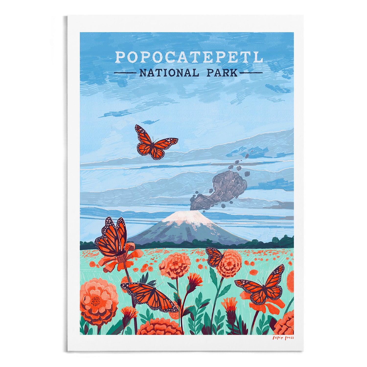 Papio Press’s Popocatepetl National Park Artists Print features monarch butterflies over orange flowers, with the smoking volcano and a blue sky in the background. Printed on archival paper.