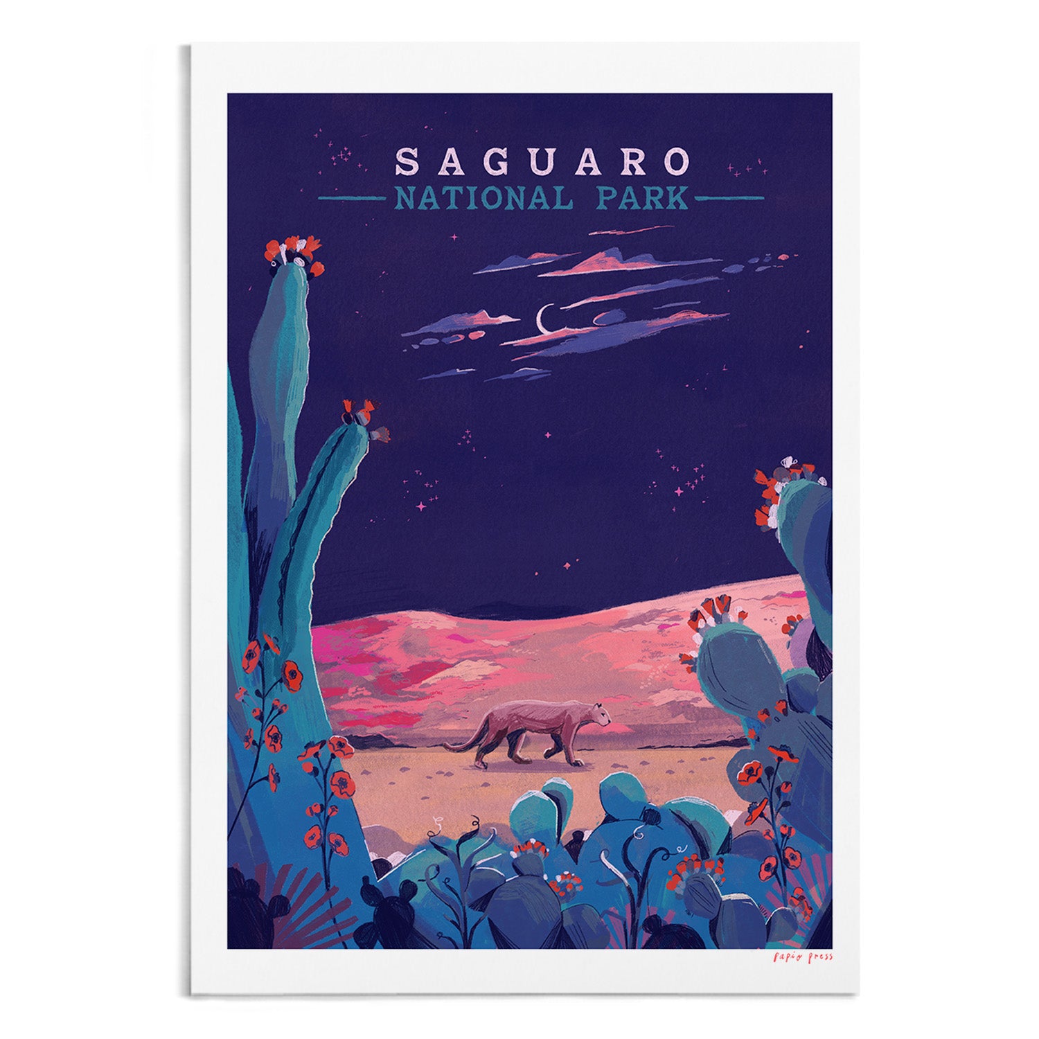 The Saguaro National Park Artists Print by Papio Press features a coyote in a vibrant desert scene with a crescent moon and starry sky, printed as an inkjet print on archival satin paper.