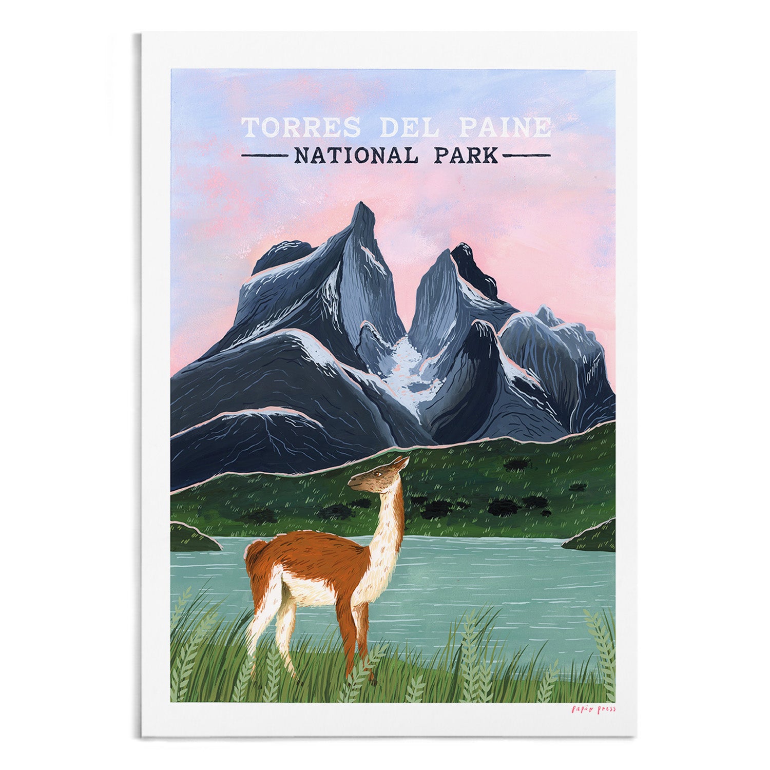 The Torres Del Paine National Park Artists Print by Papio Press features a guanaco by a lake with tall grass, snowy mountains, and a pink-blue sky, printed in high-quality inkjet on archival paper.
