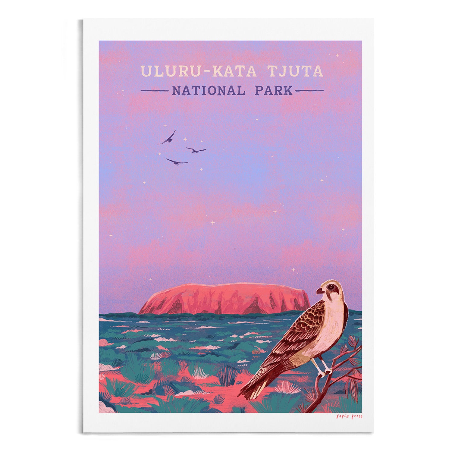 Uluru National Park Artists Print by Papio Press features Uluru with a vibrant sky, flying birds, and colorful vegetation. Inkjet printed on archival satin paper for lasting quality.
