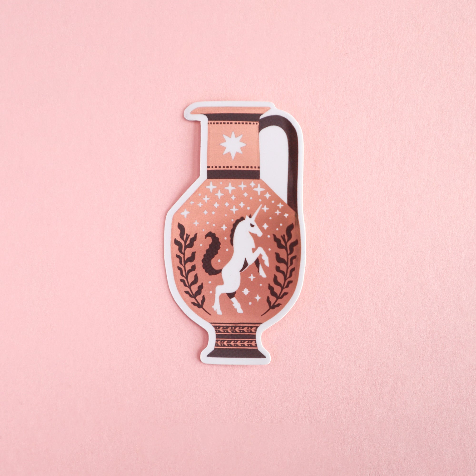Papio Press Set of Three Unicorn, Dragon & Snake Vase Stickers: features a unicorn vase with stars and plants on a pink background, metallic finishes, a star near the neck, and brown and white coloring.