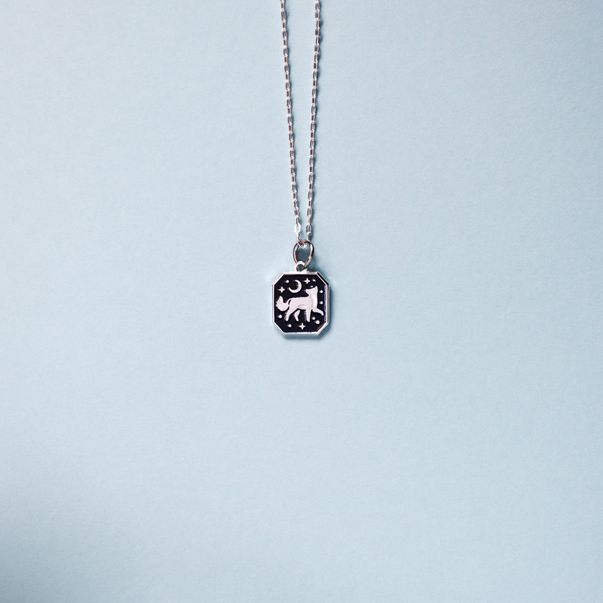 The Silver Fox Pendant Enamel Necklace by Papio Press features a rectangular pendant with an engraved lion, stars, and crescent moon, shown against a light blue background.