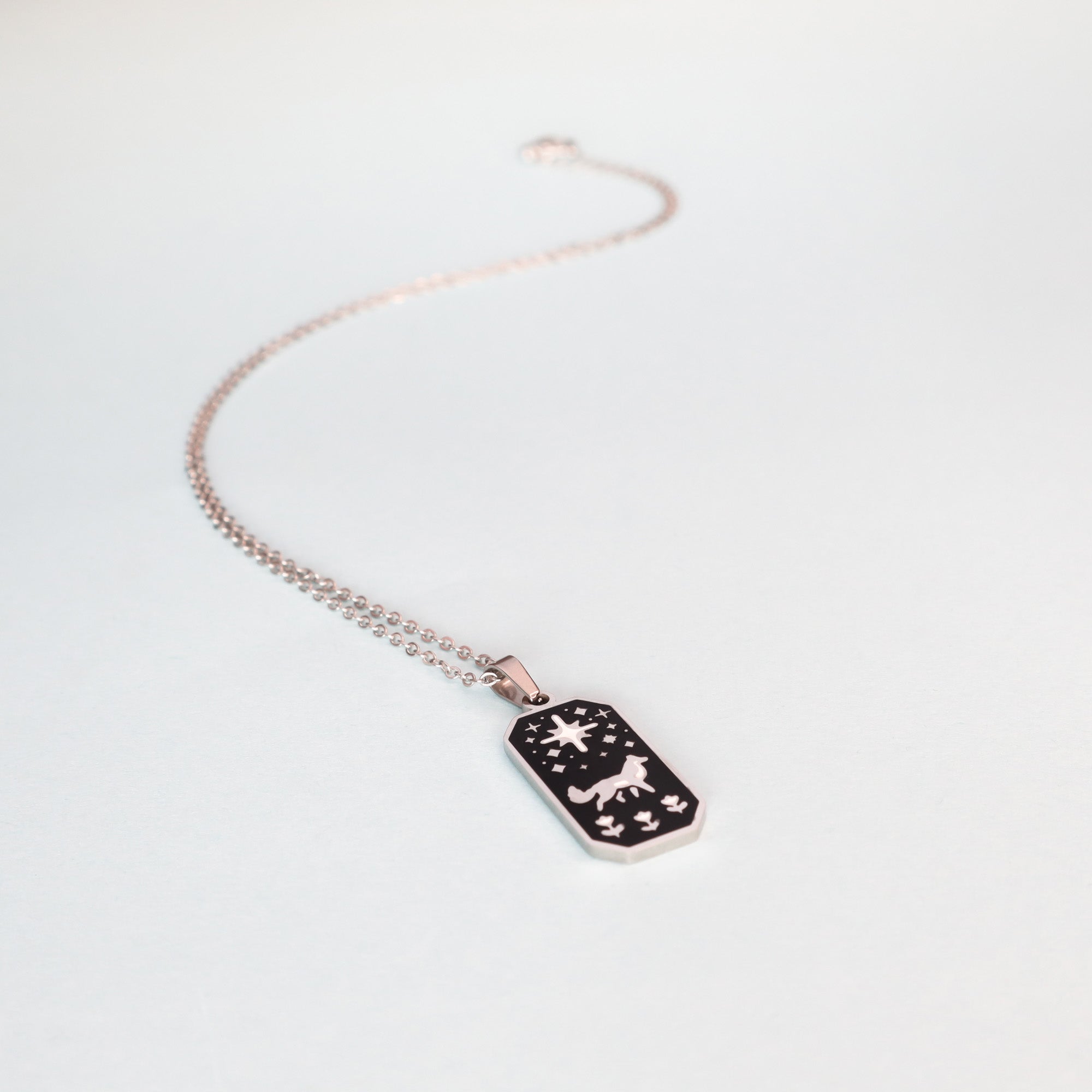 The Wolf & Star Enamel Necklace by Papio Press features a rectangular black pendant with an engraved wolf and star elegantly set on a silver chain.