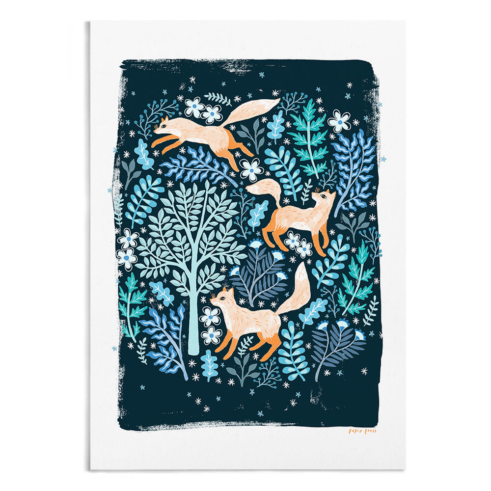 A painting of 3 orange foxes on a dark background. They're surrounded by blue trees and foliage. 