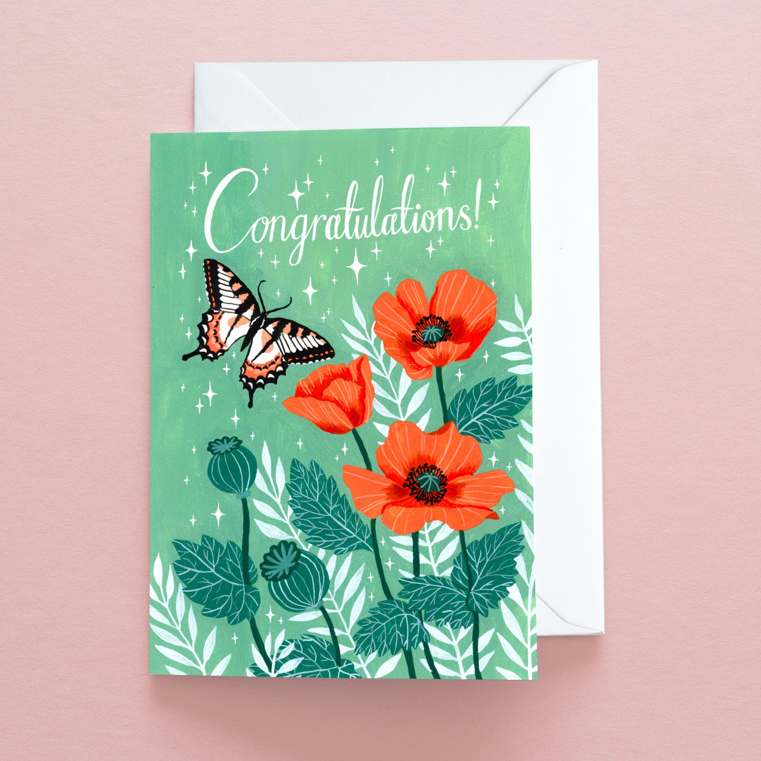 Papio Press Congratulations Butterfly Greetings Card featuring a butterfly with red poppies and green leaves on a mint background. Printed on recycled stock and includes a white envelope.
