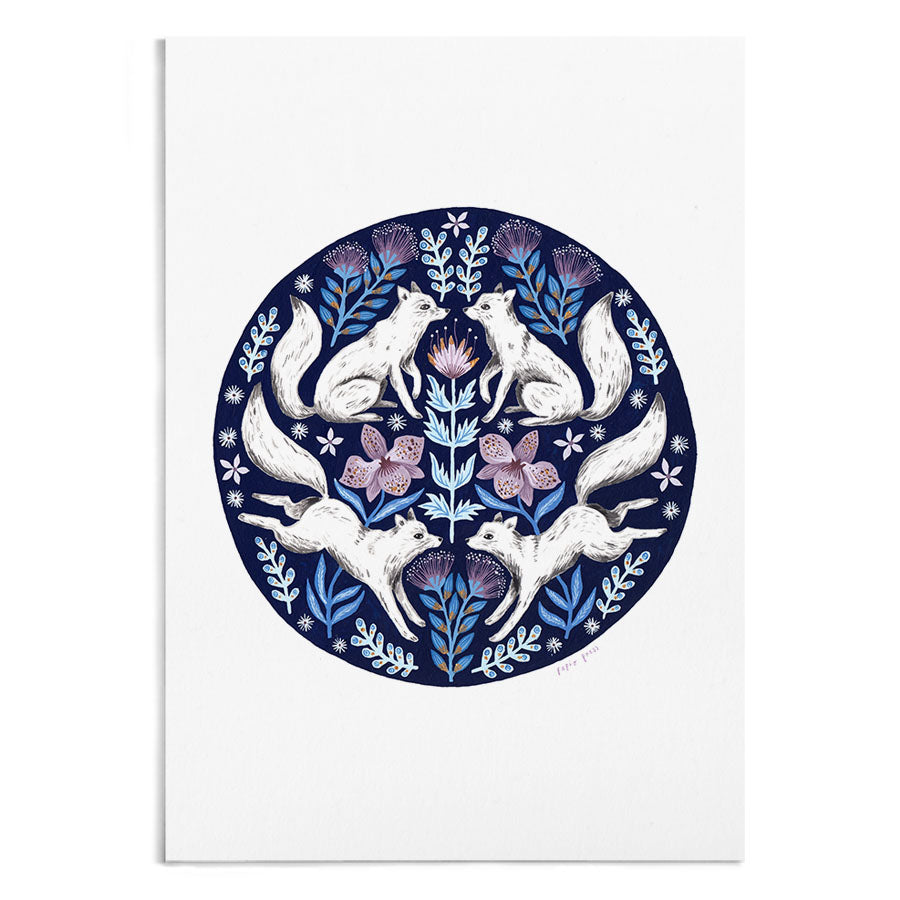 A circular symmetrical painting of 4 arctic foxes surrounded by blue and purple florals.
