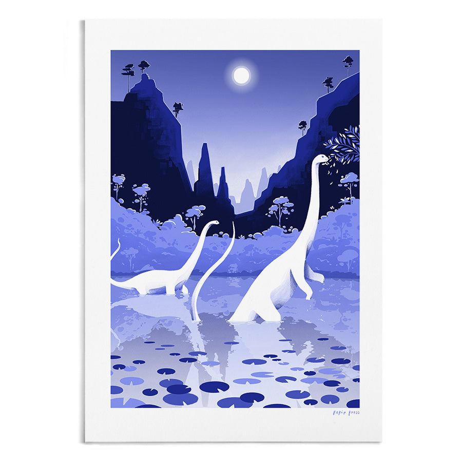 The Wandering Diplodocus Artists Print by Papio Press features two long-necked dinosaurs in a moonlit, lily-filled lake with mountains—an original illustration ideal for archival satin paper or as a vibrant inkjet print.