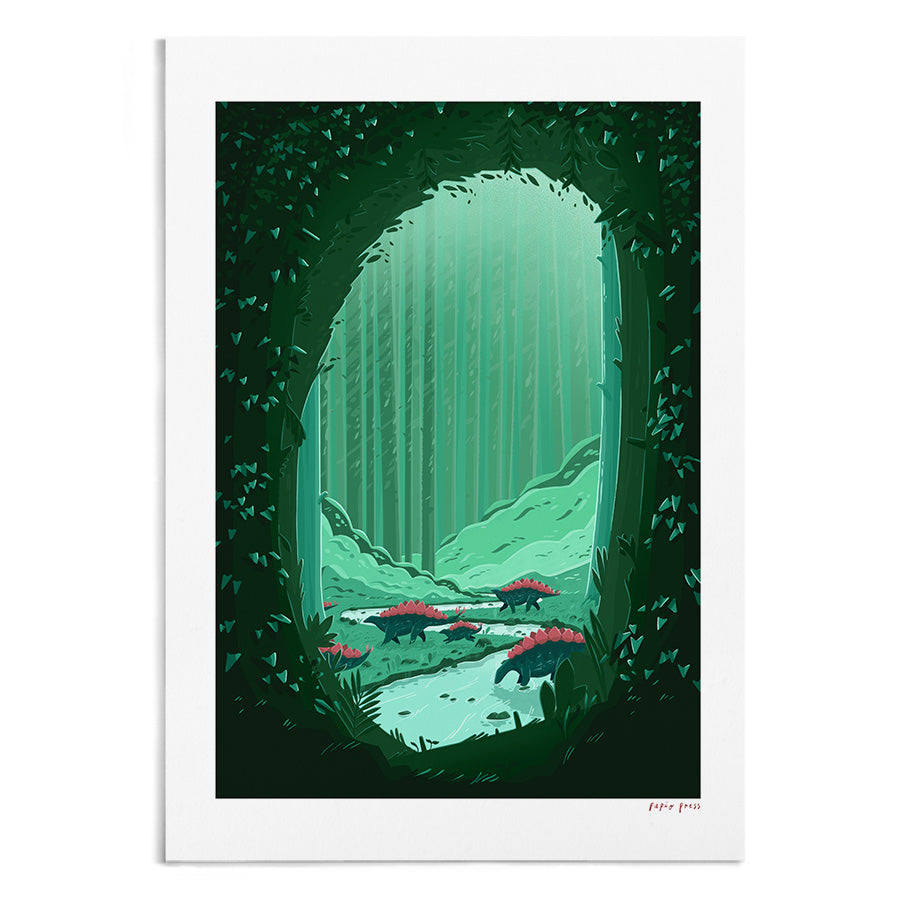 Original illustration of a Stegosaurus herd in a lush, green forest by Papio Press. Misty hills and pink-capped mushrooms enhance the scene. Available as an archival-quality inkjet print: Stegosaurus Herd Artists Print.