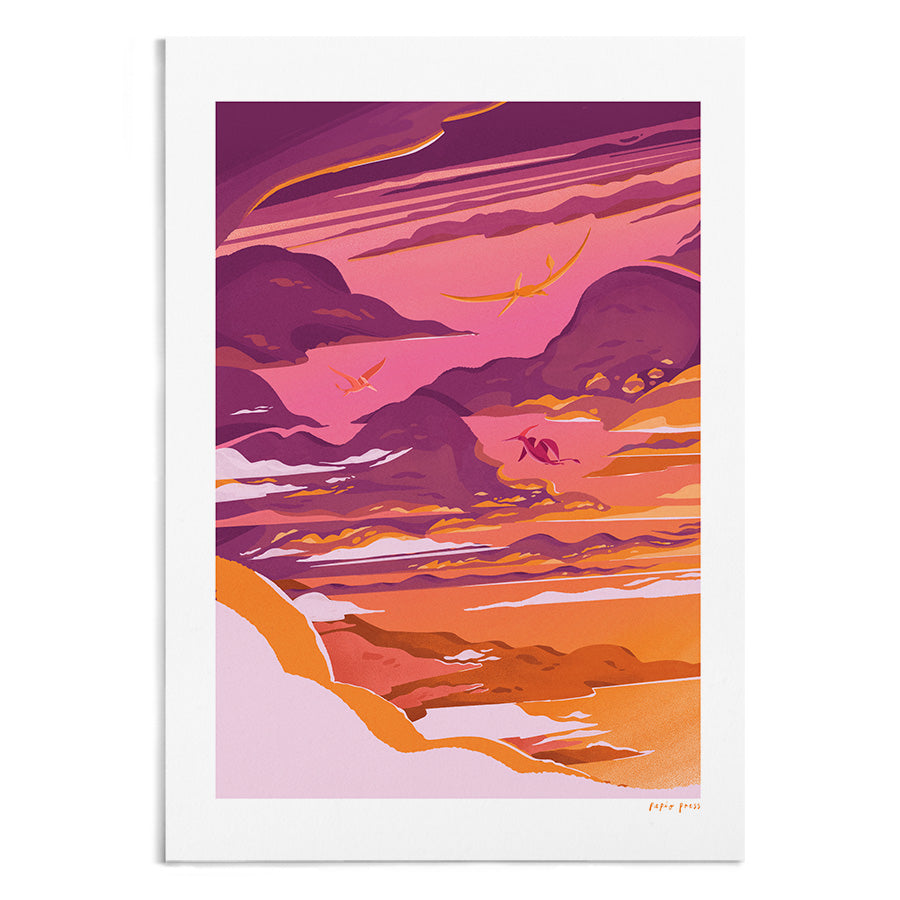 Pterosaurs at Sunset Artists Print by Papio Press features vibrant orange, pink, and purple clouds over a coastal landscape with three pterosaurs soaring. Stunning inkjet print on archival paper ensures lasting brilliance.
