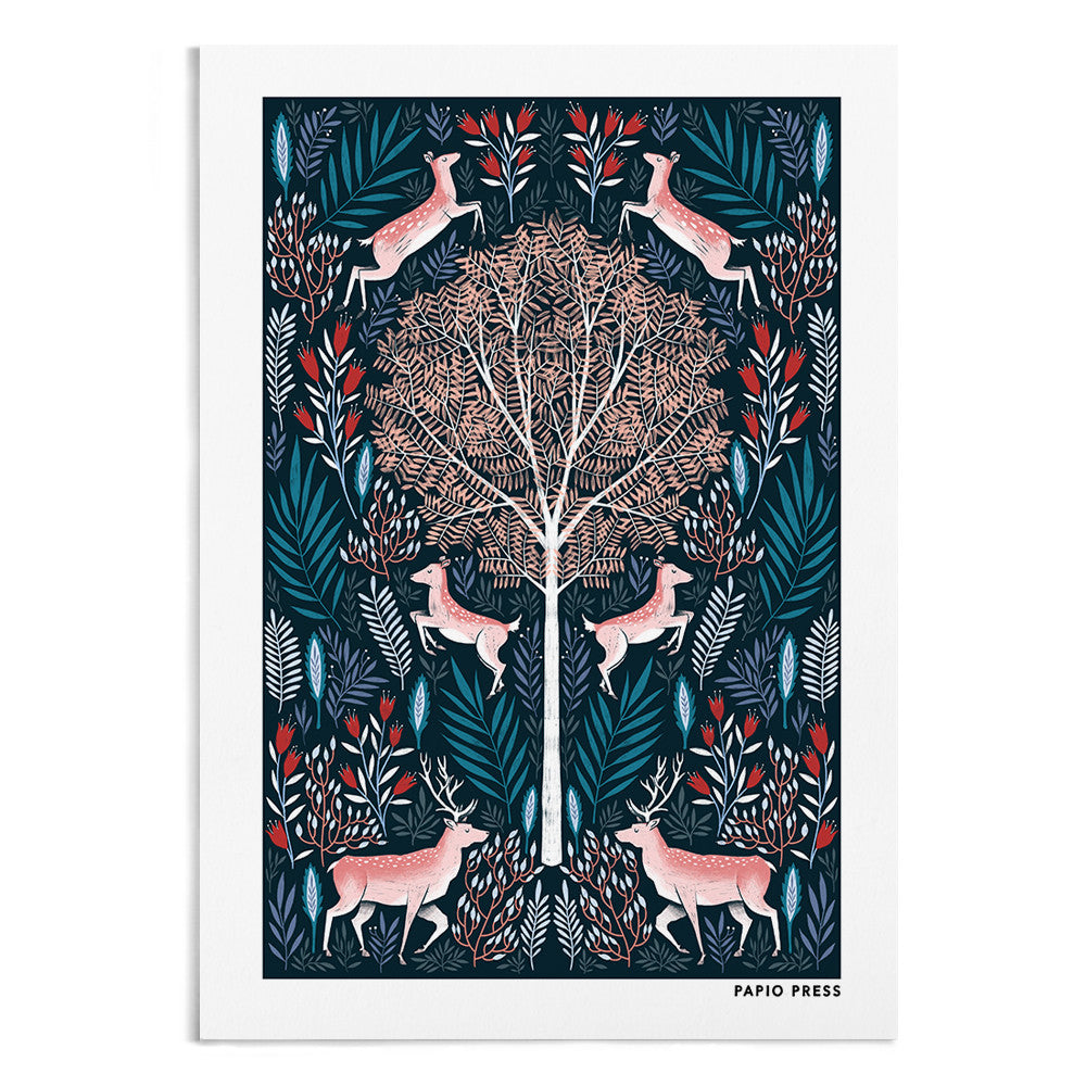 A symmetrical drawing of a tree and either side of the tree are 3 leaping deer surrounded by blue and pink florals.
