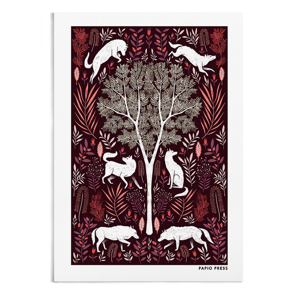 A symmetrical drawing of a tree and either side of the tree are 3 white wolves surrounded by orange, red and purple florals.