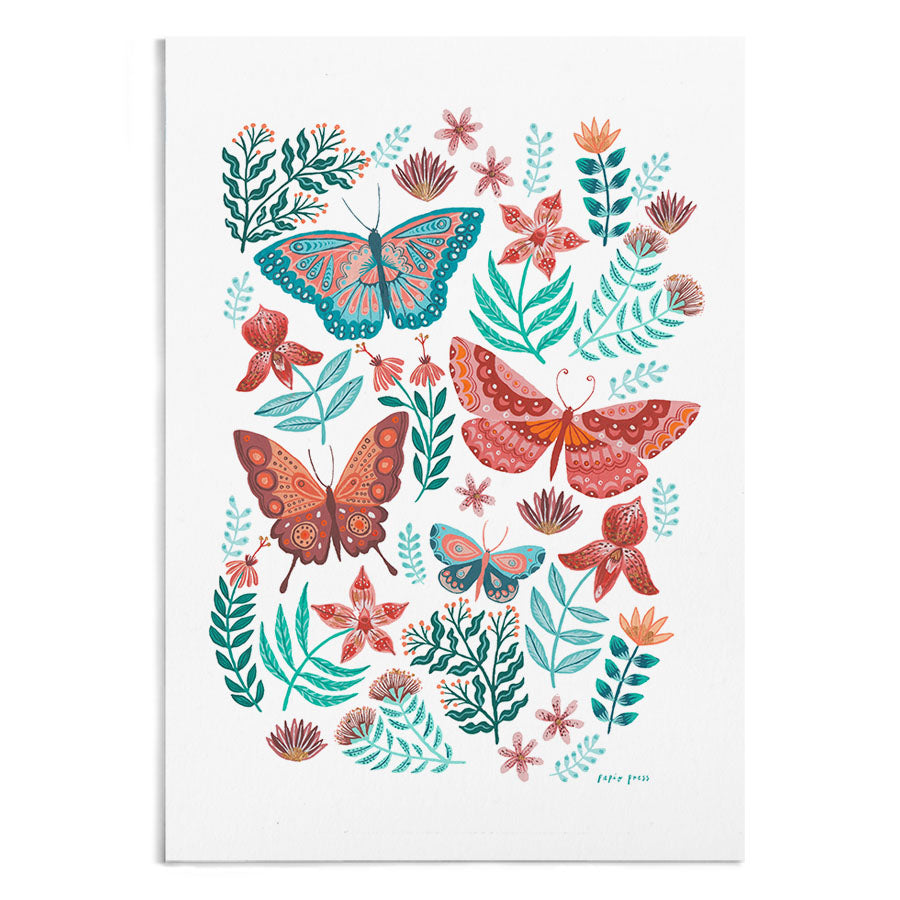 A painting of butterflies and florals. 