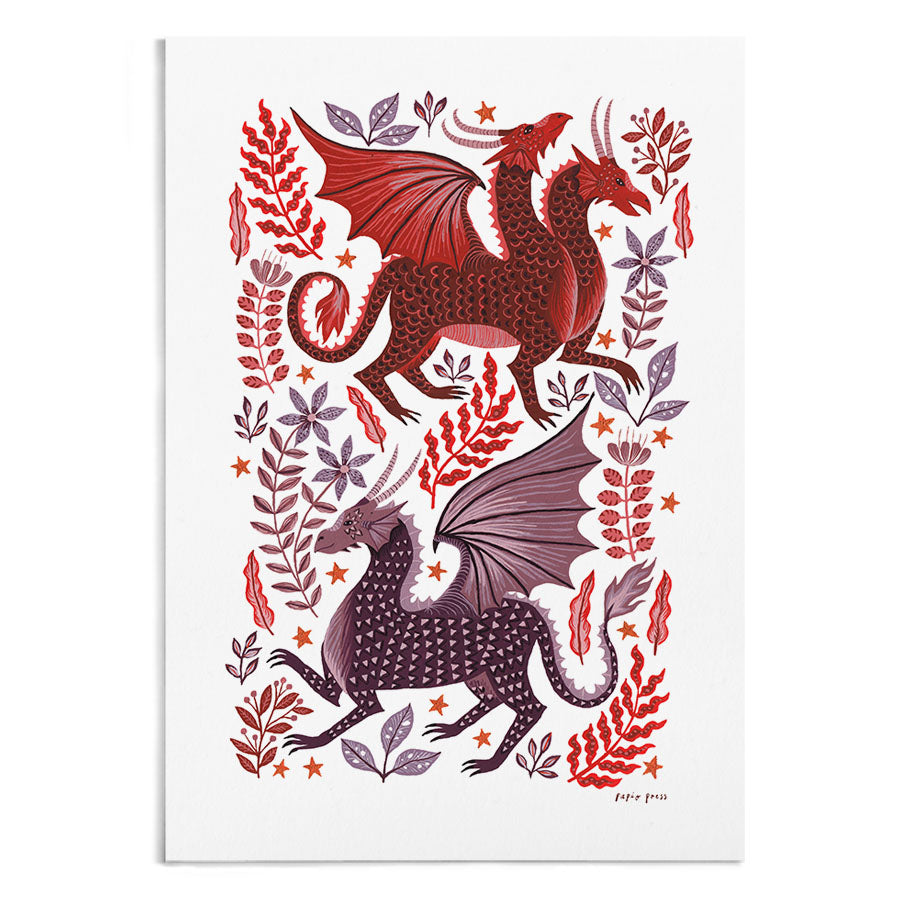 A painting of 2 red and purple dragons surrounded by red leaves and flowers.