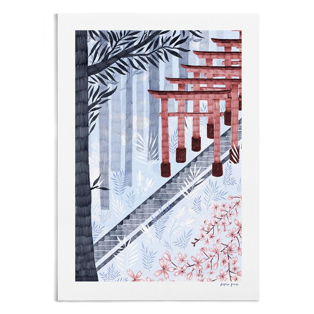A textured illustration of Fushimi Inari shrine in Japan. It features an ascending staircase in the forest.