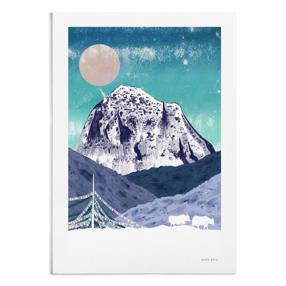 A textured and vibrant illustration of Mt Kailash. In the foreground are prayer flags.