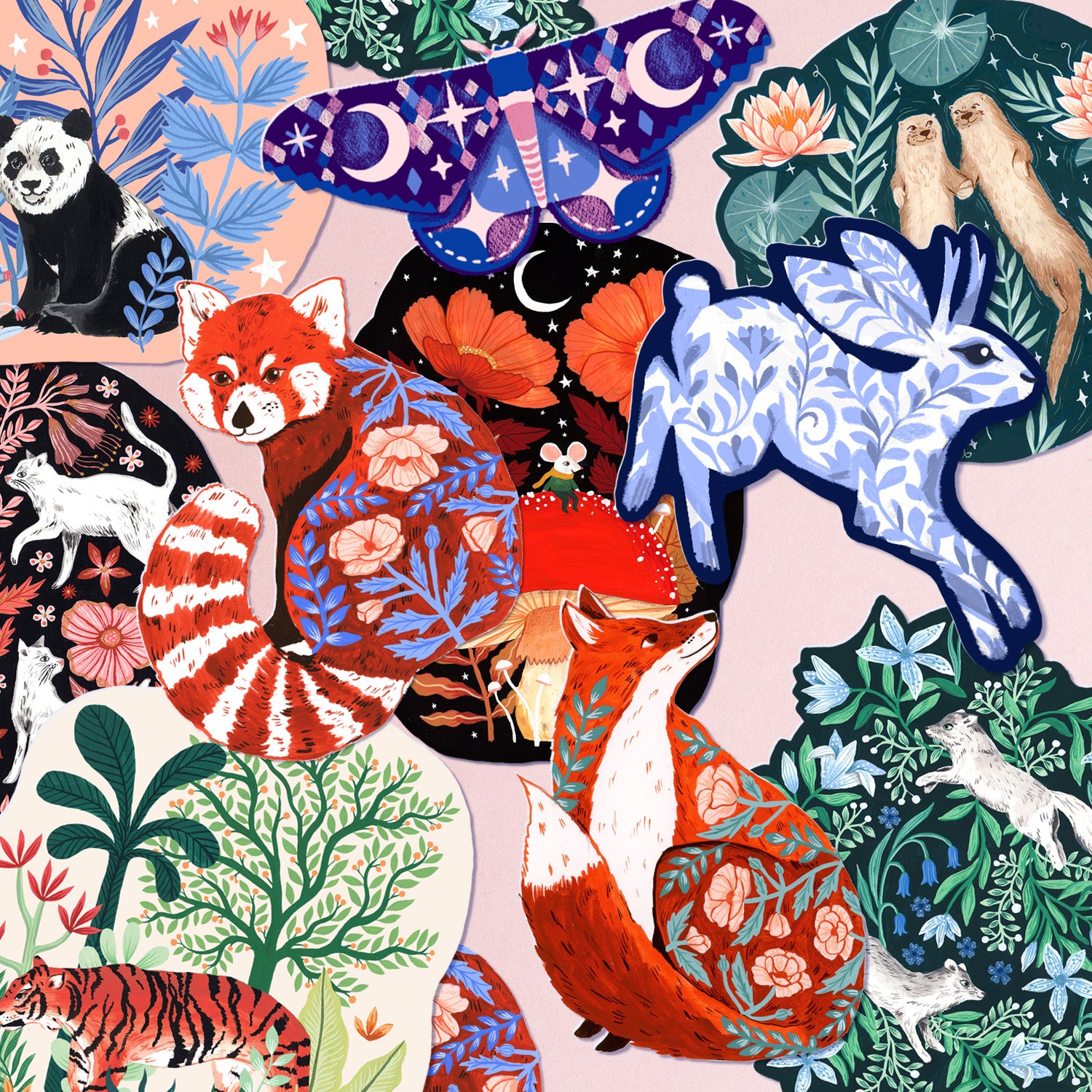 Papio Press Mystery Pack of Vinyl Stickers features a vibrant collage of illustrated animals—like red panda, fox, and tiger—with ornate floral patterns. Durable vinyl stickers are perfect for adding to your collection.