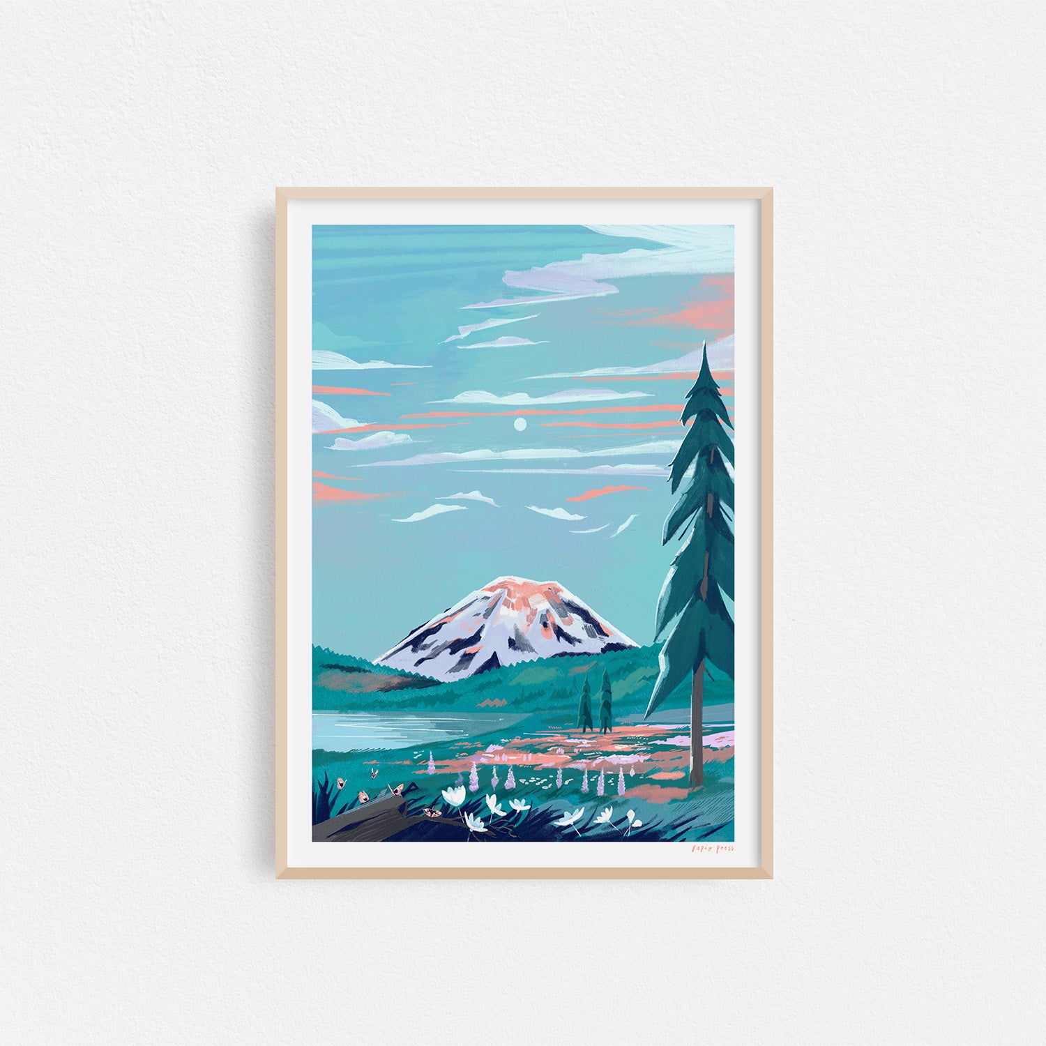 The Mt. Rainier National Park Artists Print by Papio Press features a snow-capped mountain, blue sky with pink clouds, a tall pine, and grassy field with white flowers—printed on high-quality archival paper.