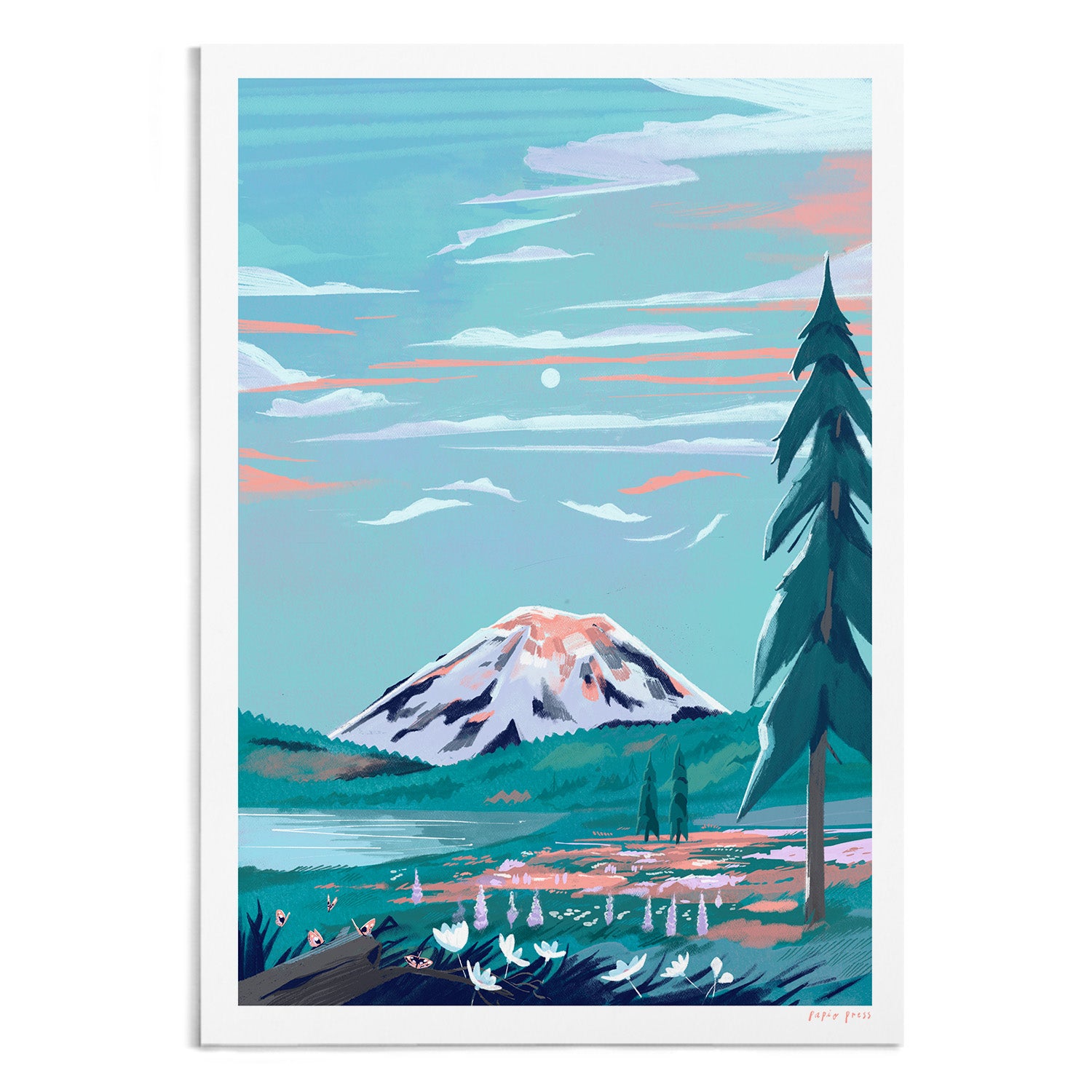 Experience the tranquility of Mt. Rainier National Park with this artists print by Papio Press, featuring a snow-capped mountain, pine tree, lake, and wildflowers. Available as an inkjet print on archival satin paper.