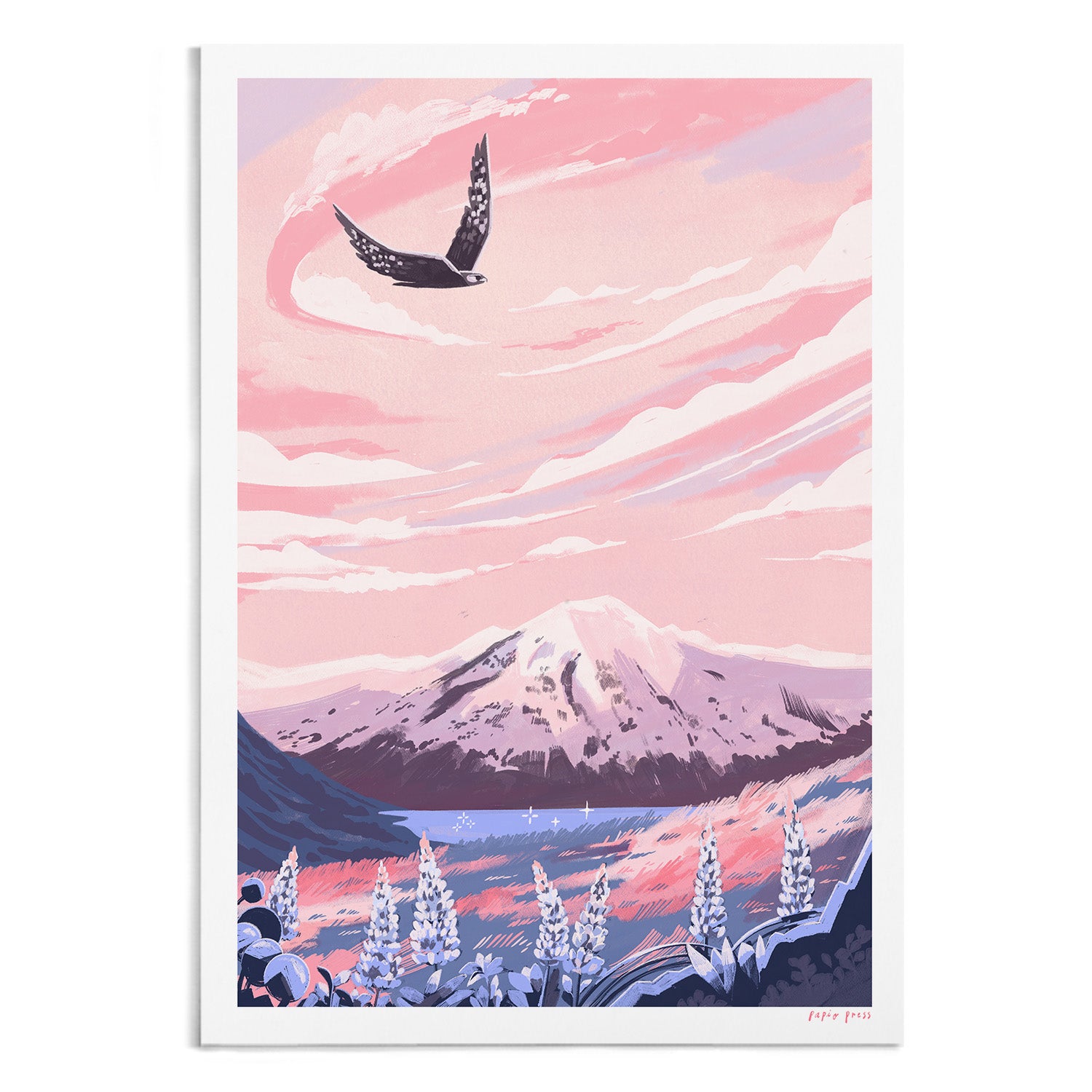 Papio Press’s "Mt. Cook National Park, New Zealand Artists Print" features a snow-capped mountain, blue and purple flowers, and a patterned bird in a pink sky—beautifully reproduced as an inkjet print on archival satin paper.