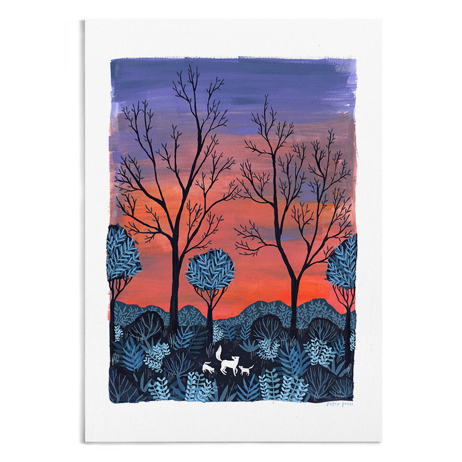 A watercolour painting of white foxes in the forest at sunrise. In the distance is a bright red and purple sky.