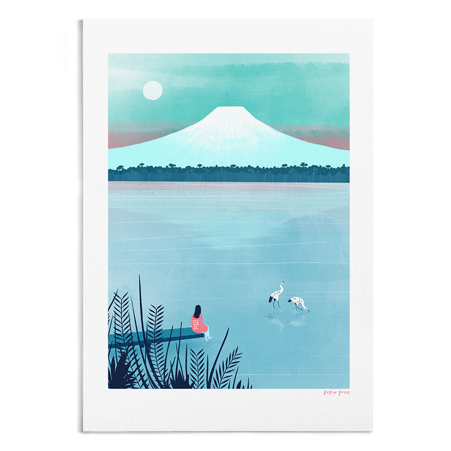 A watercolour painting of a woman dipping her foot into a lake in front of Mt Fuji, Japan.
