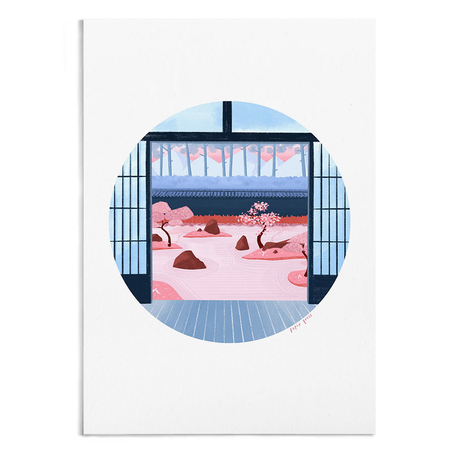 A circular illustration of Japanese sliding doors looking out onto a zen garden in pink and blue.