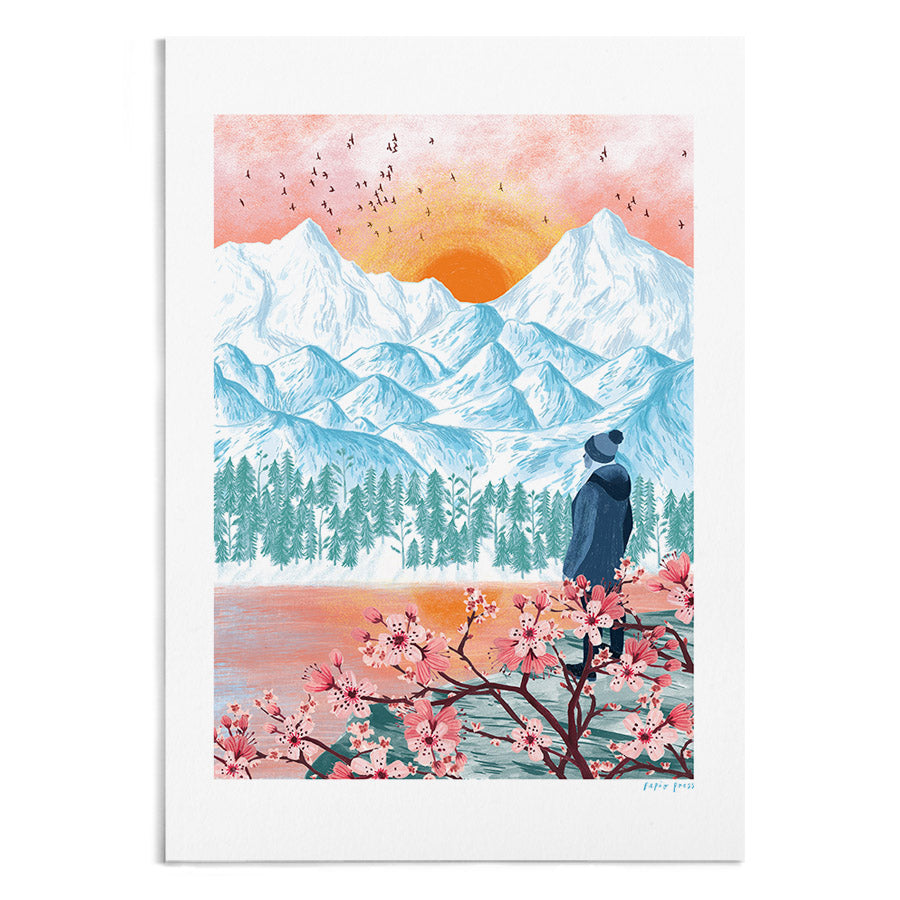 A textured and vibrant painting of a hiker appreciating a sunrise behind some mountains.