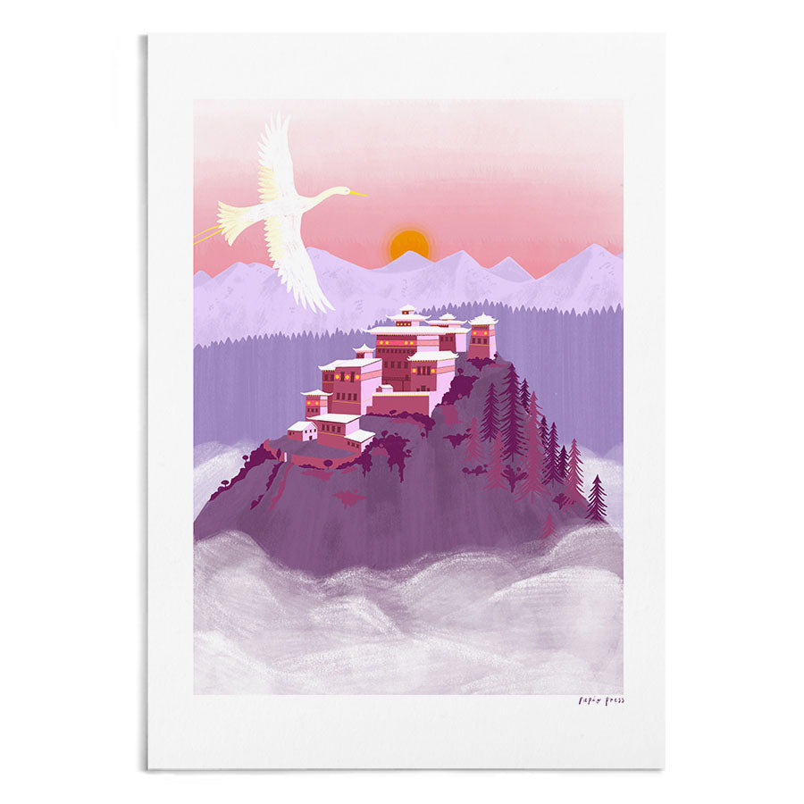 A calming illustration of a purple temple on top of a mountain. In the foreground is a flying crane.