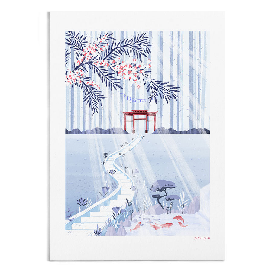A blue and red illustration of an ascending path in the forest which leads to a Torii, Japanese gateway. In the foreground is a pond with Koi carp.