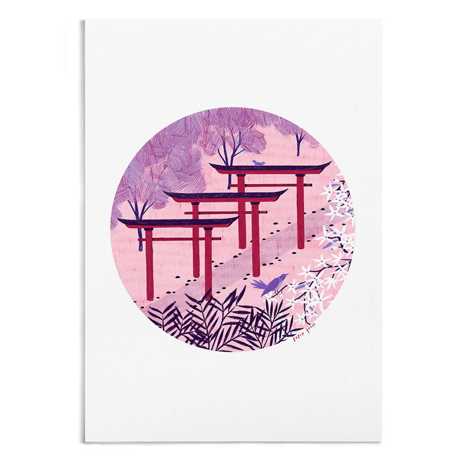 A circular illustration of three Torii gateways surrounded by pink and purple foliage.
