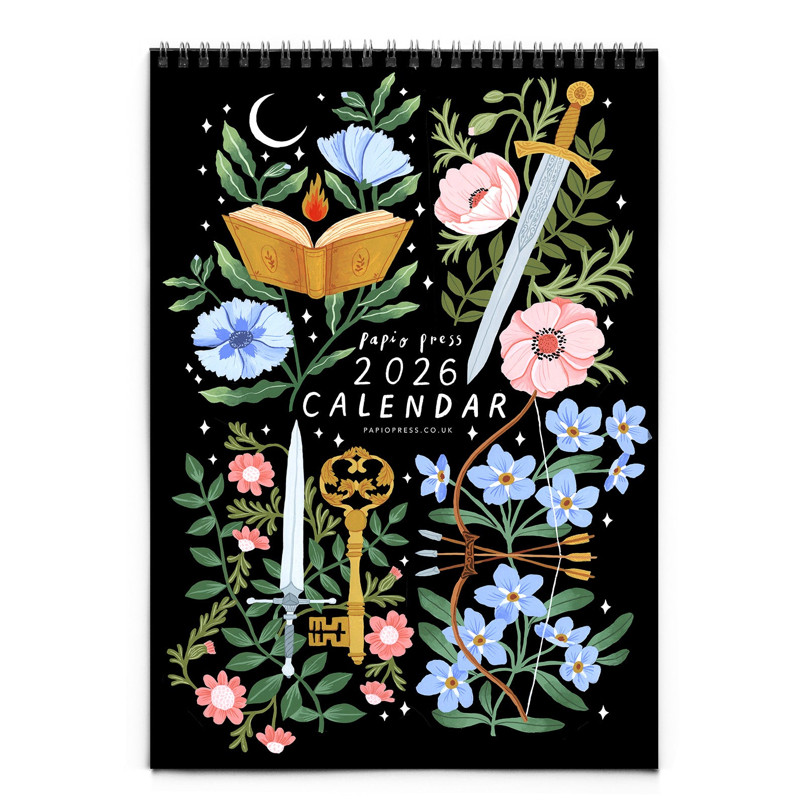 2026 calendar with fantasy-themed design featuring flowers, books, and swords on a black background.